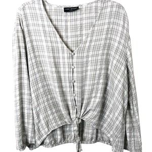 Lane Bryant Women's V-Neck Button Front Tie Blouse Metallic Gray Plaid Size 22